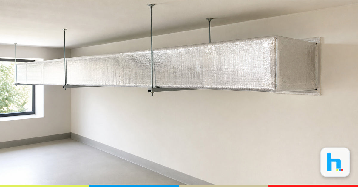 Rechteckiger Lüftungskanal mit alukaschierter Lamellenmatte und Alu-Klebeband an der Decke – Ratgeber Isoliershop Huber