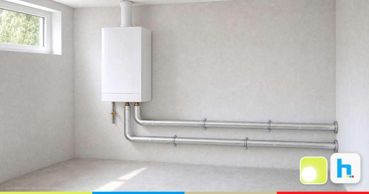 Heizungskeller mit Gas-Brennwertgerät und zwei alukaschiert gedämmten Heizungsrohren unter einem hellen Kellerfenster – Ratgeber Isoliershop Huber