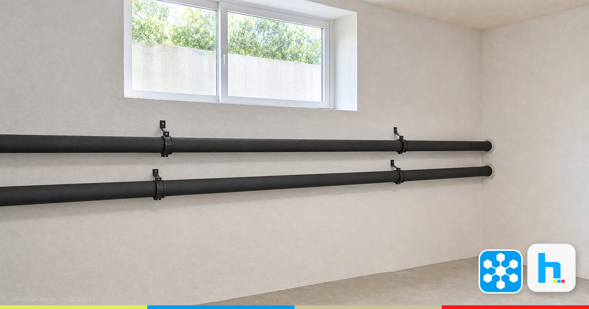 Zwei schwarz mit Elastomerschaum gedämmte Kaltwasserleitungen an einer Kellerwand – Ratgeber Isoliershop Huber