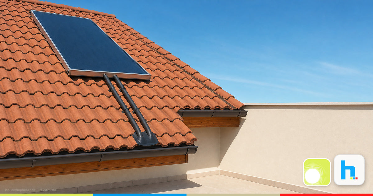 Solarkollektor auf Ziegeldach mit zwei schwarz gedämmten Solarleitungen und Dachdurchführung – Ratgeber Isoliershop Huber