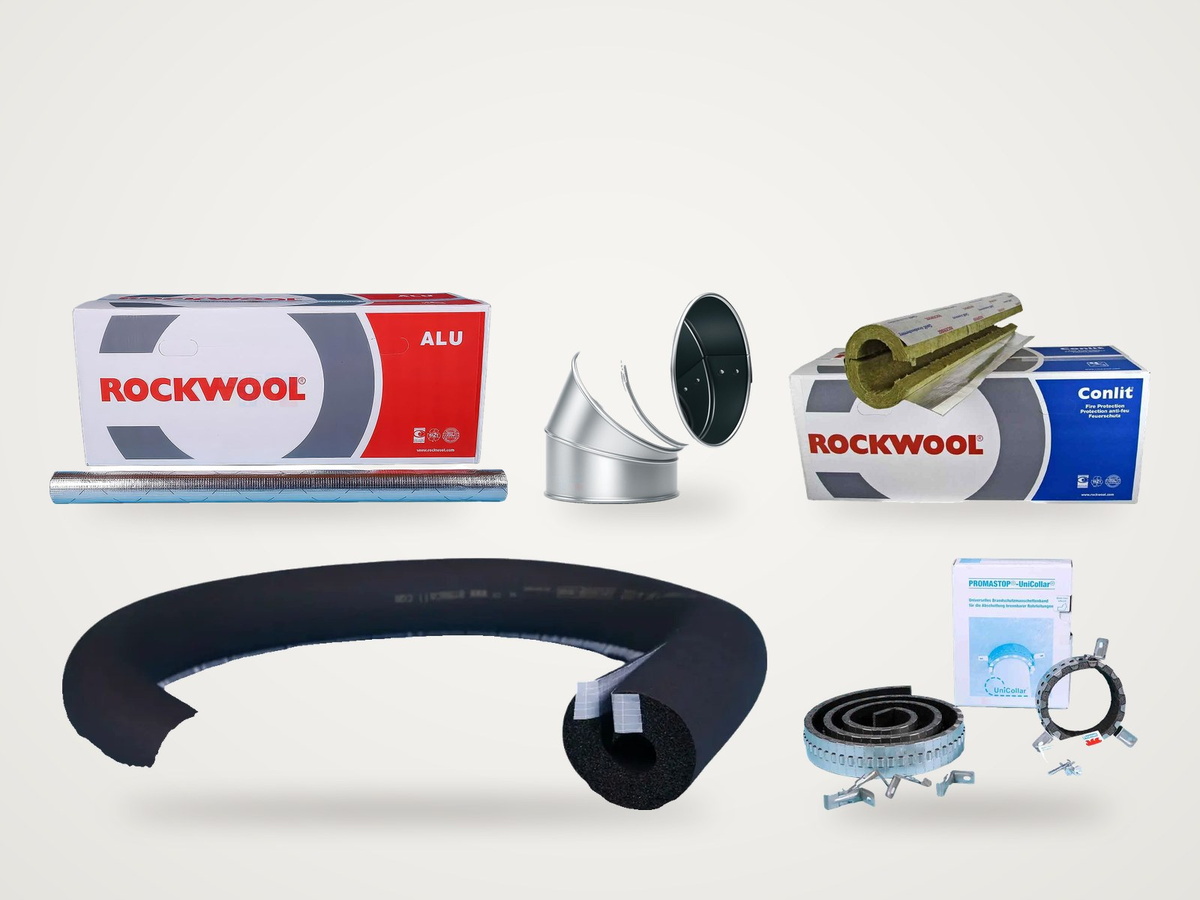 Technische Isolierung bei Isoliershop Huber: Rockwool Rohrschalen, Armaflex Kautschukschlauch, Blechbogen und Promat Brandschutzmanschette